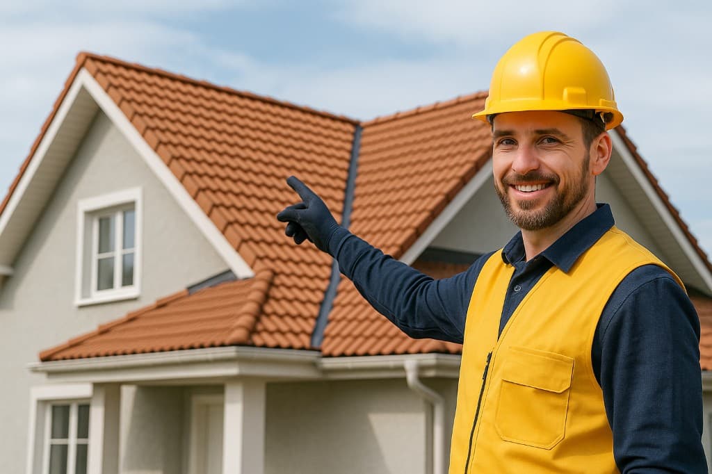 Håndverker med verneutstyr ved tak med teglstein